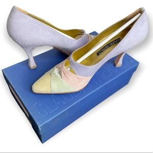Claudio Merazzi Vintage Suede Multicolor Pastel Bow Pumps Pointed Toe Heels 8B